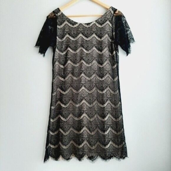 GOOD CLOTHING | Black Lace Nude Lining Scoop Neck Short Sleeve Dress Sz M - Picture 10 of 13